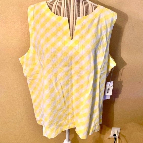 NWT Liz Claiborne Top XXL White Yellow Criss-Cross Sleeveless V-Neck Linen Rayon - Picture 1 of 14